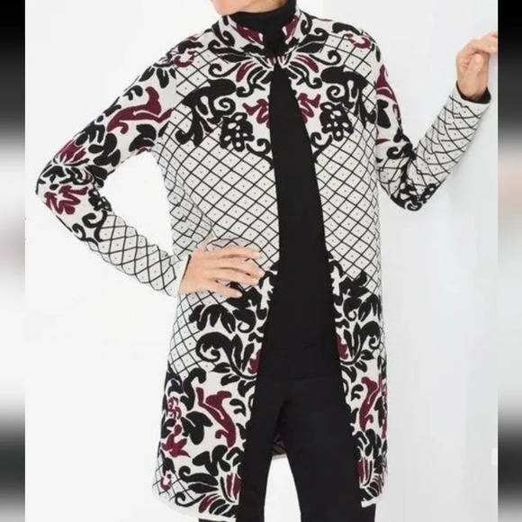 Chico's Sweaters - Chico's open front scroll cardigan duster women's size 8  burgundy black